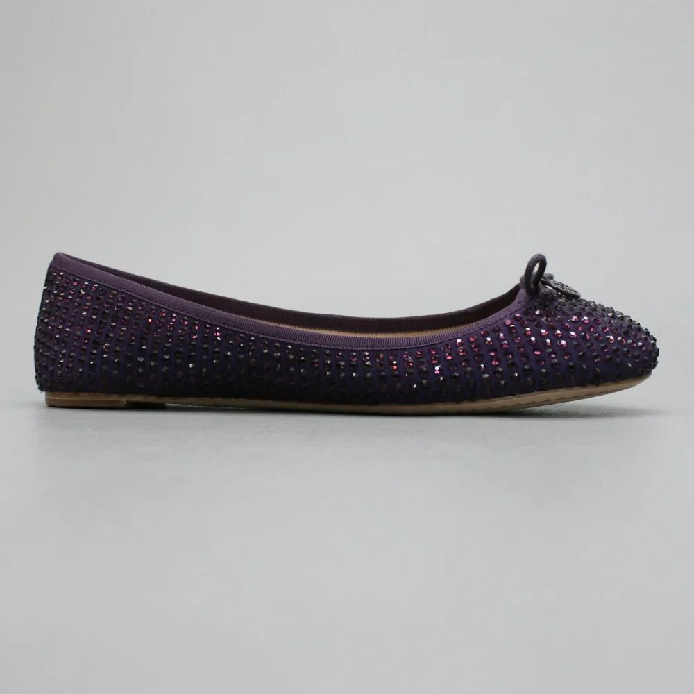 Tory Burch Ladies 10 Purple Suede Leather Crystals Strass Bow Ballet Shoes Flats - Picture 4 of 12